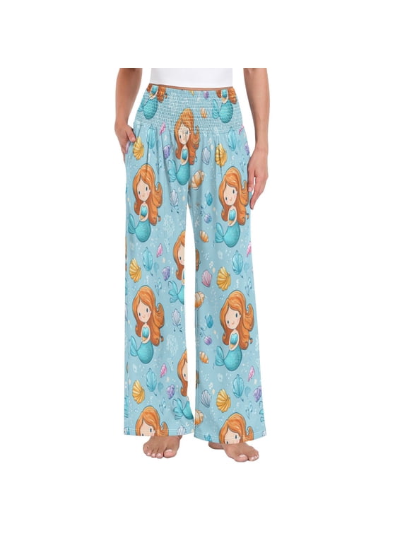 Women's High Waisted Wide Leg Pants Casual Summer Trousers with Pockets Smocked Waist Soft Breathable Lounge Pants for Home Yoga Travel Shopping S-XXL Little Mermaids and Seashells