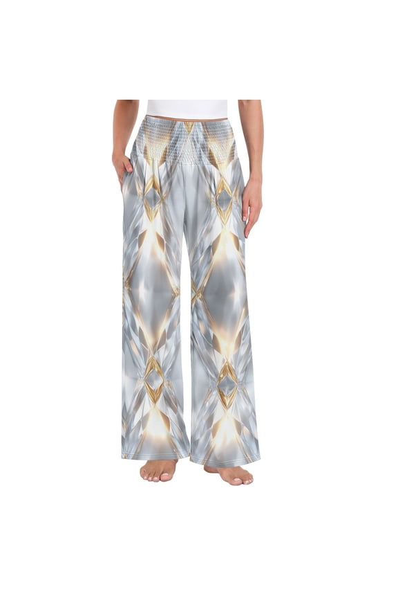 Women's High Waisted Wide Leg Pants Casual Summer Trousers with Pockets Smocked Waist Soft Breathable Lounge Pants for Home Yoga Travel Shopping S-XXL Luxe Diamond Weave