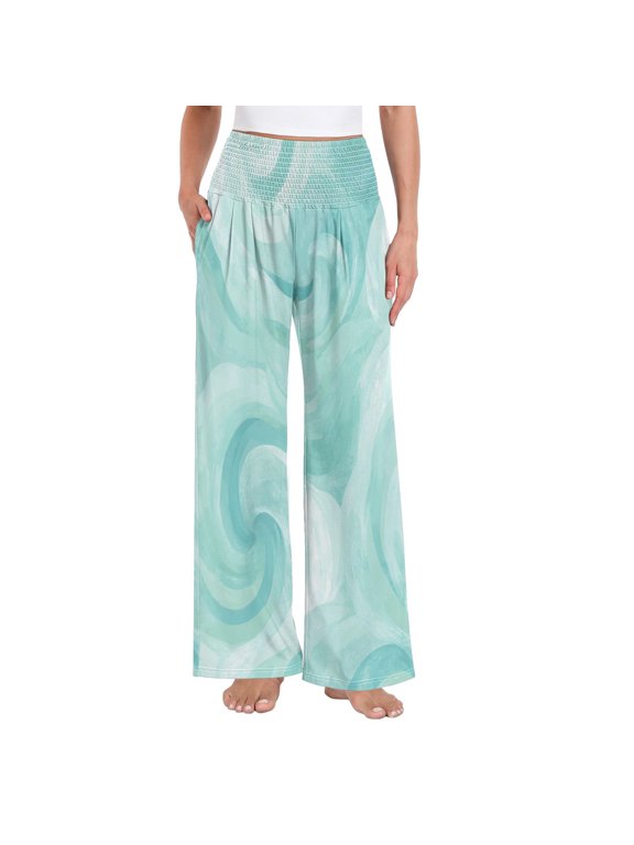 Women's High Waisted Wide Leg Pants Casual Summer Trousers with Pockets Smocked Waist Soft Breathable Lounge Pants for Home Yoga Travel Shopping S-XXL Mint Swirl Watercolor Print