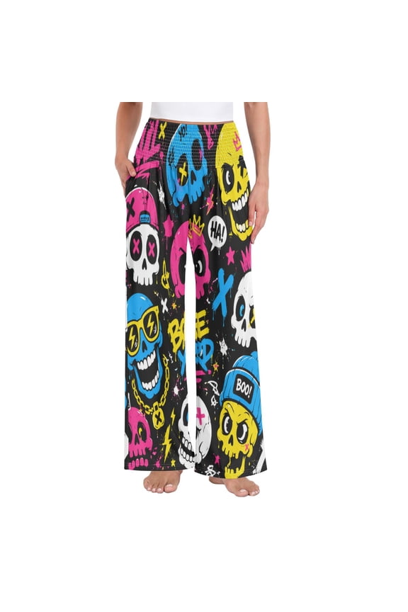 Women's High Waisted Wide Leg Pants Casual Summer Trousers with Pockets Smocked Waist Soft Breathable Lounge Pants for Home Yoga Travel Shopping S-XXL Neon Graffiti Skulls Pattern