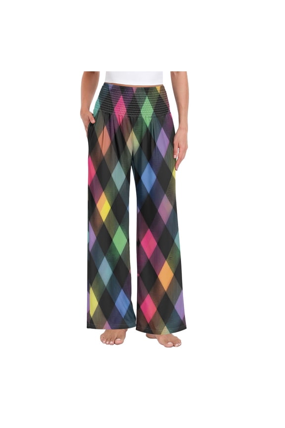 Women's High Waisted Wide Leg Pants Casual Summer Trousers with Pockets Smocked Waist Soft Breathable Lounge Pants for Home Yoga Travel Shopping S-XXL Neon Rainbow Checkered Pattern