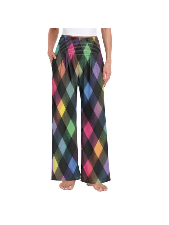 Women's High Waisted Wide Leg Pants Casual Summer Trousers with Pockets Smocked Waist Soft Breathable Lounge Pants for Home Yoga Travel Shopping S-XXL Neon Rainbow Checkered Pattern