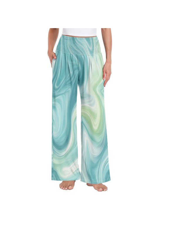Women's High Waisted Wide Leg Pants Casual Summer Trousers with Pockets Smocked Waist Soft Breathable Lounge Pants for Home Yoga Travel Shopping S-XXL Oceanic Liquid Marble Design