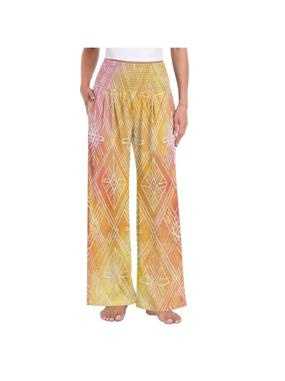 Women's High Waisted Wide Leg Pants Casual Summer Trousers with Pockets Smocked Waist Soft Breathable Lounge Pants for Home Yoga Travel Shopping S-XXL Orange Watercolor Batik Print