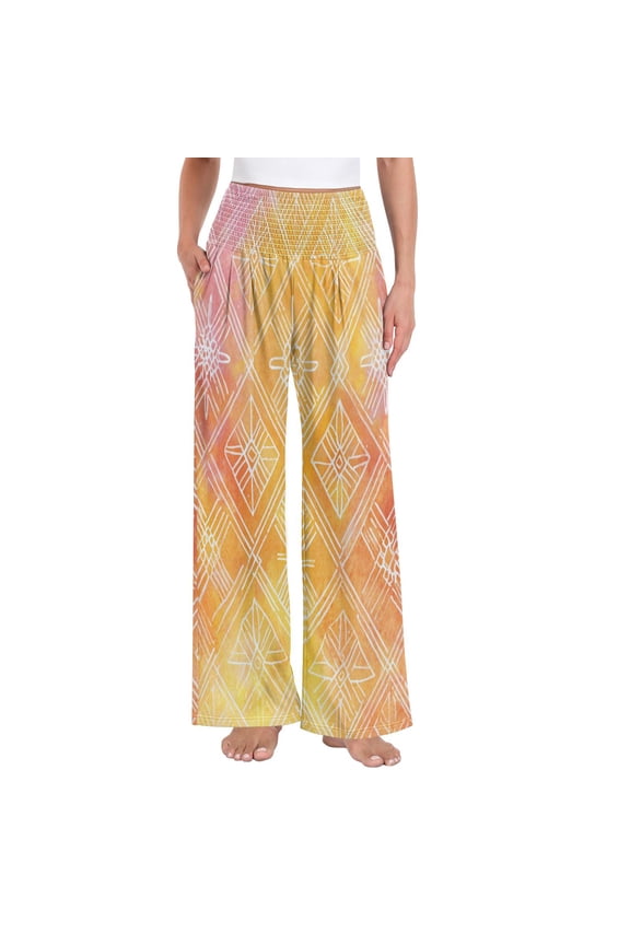 Women's High Waisted Wide Leg Pants Casual Summer Trousers with Pockets Smocked Waist Soft Breathable Lounge Pants for Home Yoga Travel Shopping S-XXL Orange Watercolor Batik Print