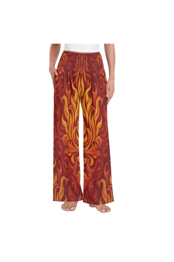 Women's High Waisted Wide Leg Pants Casual Summer Trousers with Pockets Smocked Waist Soft Breathable Lounge Pants for Home Yoga Travel Shopping S-XXL Ornate Flame Damask Print
