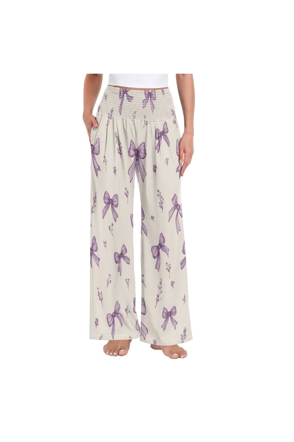 Women's High Waisted Wide Leg Pants Casual Summer Trousers with Pockets Smocked Waist Soft Breathable Lounge Pants for Home Yoga Travel Shopping S-XXL Pastel Lavender Bows