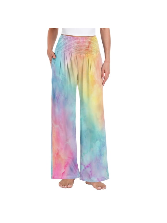 Women's High Waisted Wide Leg Pants Casual Summer Trousers with Pockets Smocked Waist Soft Breathable Lounge Pants for Home Yoga Travel Shopping S-XXL Pastel Rainbow Tie-dye Pattern