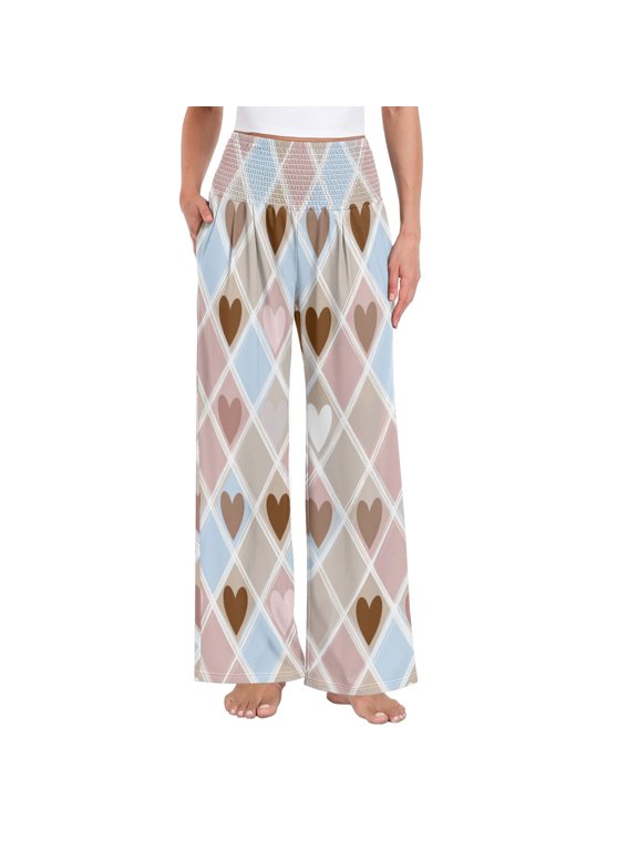 Women's High Waisted Wide Leg Pants Casual Summer Trousers with Pockets Smocked Waist Soft Breathable Lounge Pants for Home Yoga Travel Shopping S-XXL Pastel Heart Argyle Pattern