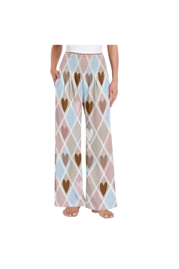 Women's High Waisted Wide Leg Pants Casual Summer Trousers with Pockets Smocked Waist Soft Breathable Lounge Pants for Home Yoga Travel Shopping S-XXL Pastel Heart Argyle Pattern