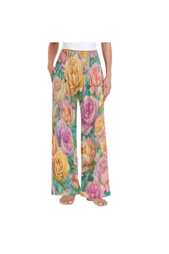Women's High Waisted Wide Leg Pants Casual Summer Trousers with Pockets Smocked Waist Soft Breathable Lounge Pants for Home Yoga Travel Shopping S-XXL Peach and Turquoise Flowers