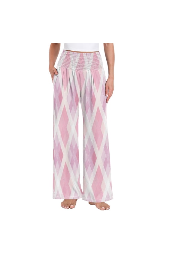Women's High Waisted Wide Leg Pants Casual Summer Trousers with Pockets Smocked Waist Soft Breathable Lounge Pants for Home Yoga Travel Shopping S-XXL Pink Purple Argyle Plaid
