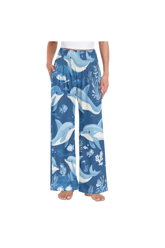 Women's High Waisted Wide Leg Pants Casual Summer Trousers with Pockets Smocked Waist Soft Breathable Lounge Pants for Home Yoga Travel Shopping S-XXL Playful Dolphins