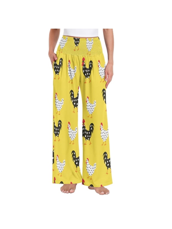 Women's High Waisted Wide Leg Pants Casual Summer Trousers with Pockets Smocked Waist Soft Breathable Lounge Pants for Home Yoga Travel Shopping S-XXL Polka Dot Chicken Yellow Pattern