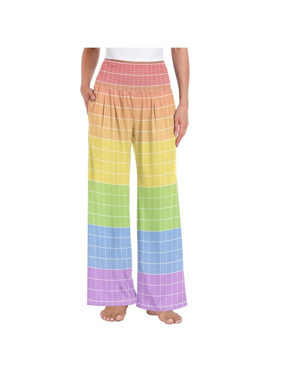 Women's High Waisted Wide Leg Pants Casual Summer Trousers with Pockets Smocked Waist Soft Breathable Lounge Pants for Home Yoga Travel Shopping S-XXL Rainbow Grid Seamless Pattern