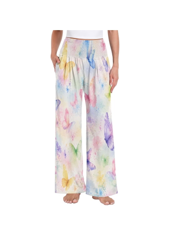 Women's High Waisted Wide Leg Pants Casual Summer Trousers with Pockets Smocked Waist Soft Breathable Lounge Pants for Home Yoga Travel Shopping S-XXL Rainbow Butterfly Seamless Pattern