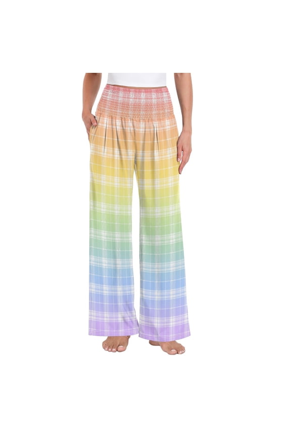 Women's High Waisted Wide Leg Pants Casual Summer Trousers with Pockets Smocked Waist Soft Breathable Lounge Pants for Home Yoga Travel Shopping S-XXL Rainbow Ombre Plaid Design