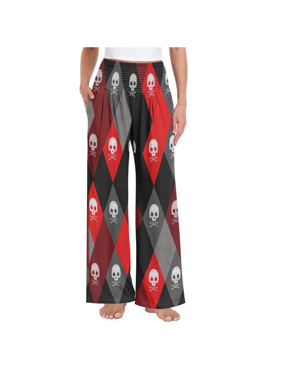 Women's High Waisted Wide Leg Pants Casual Summer Trousers with Pockets Smocked Waist Soft Breathable Lounge Pants for Home Yoga Travel Shopping S-XXL Red Black Argyle Skull Print