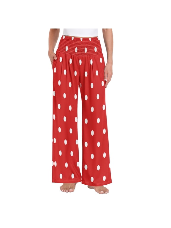 Women's High Waisted Wide Leg Pants Casual Summer Trousers with Pockets Smocked Waist Soft Breathable Lounge Pants for Home Yoga Travel Shopping S-XXL Red White Mini Polka Dot
