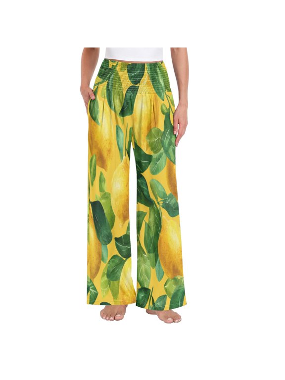 Women's High Waisted Wide Leg Pants Casual Summer Trousers with Pockets Smocked Waist Soft Breathable Lounge Pants for Home Yoga Travel Shopping S-XXL Refreshing Lemons