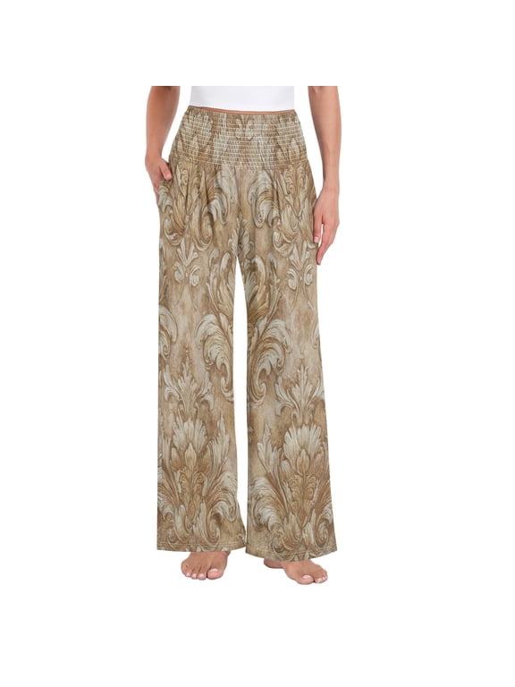 Women's High Waisted Wide Leg Pants Casual Summer Trousers with Pockets Smocked Waist Soft Breathable Lounge Pants for Home Yoga Travel Shopping S-XXL Sandy Damask Heritage