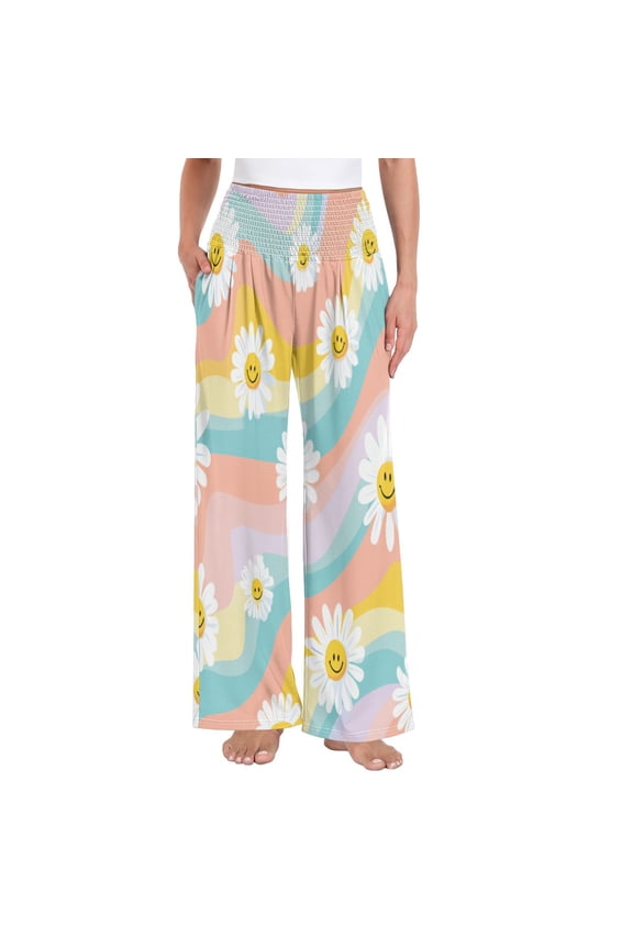 Women's High Waisted Wide Leg Pants Casual Summer Trousers with Pockets Smocked Waist Soft Breathable Lounge Pants for Home Yoga Travel Shopping S-XXL Smiling Daisies with Rainbow