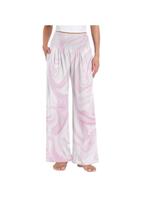 Women's High Waisted Wide Leg Pants Casual Summer Trousers with Pockets Smocked Waist Soft Breathable Lounge Pants for Home Yoga Travel Shopping S-XXL Soft Blush Liquid Marble Tone