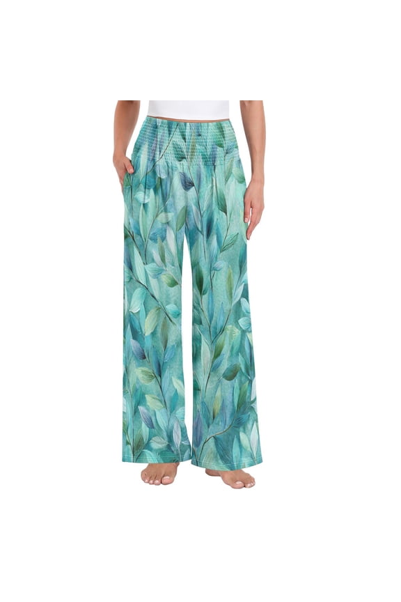 Women's High Waisted Wide Leg Pants Casual Summer Trousers with Pockets Smocked Waist Soft Breathable Lounge Pants for Home Yoga Travel Shopping S-XXL Teal Leaves and Vines
