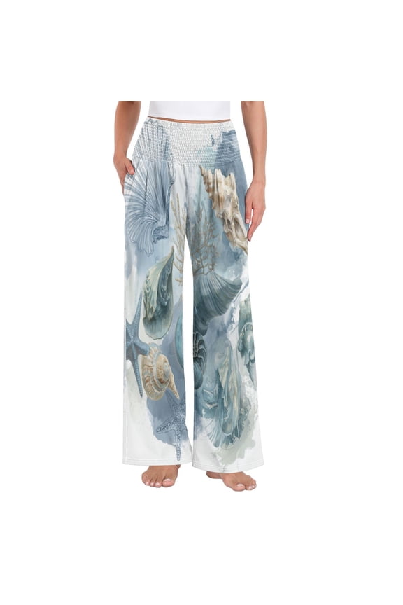 Women's High Waisted Wide Leg Pants Casual Summer Trousers with Pockets Smocked Waist Soft Breathable Lounge Pants for Home Yoga Travel Shopping S-XXL Watercolor Coastal Shell Collage