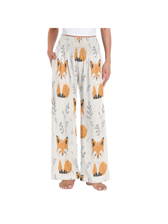 Women's High Waisted Wide Leg Pants Casual Summer Trousers with Pockets Smocked Waist Soft Breathable Lounge Pants for Home Yoga Travel Shopping S-XXL Woodland Fox Floral Pattern