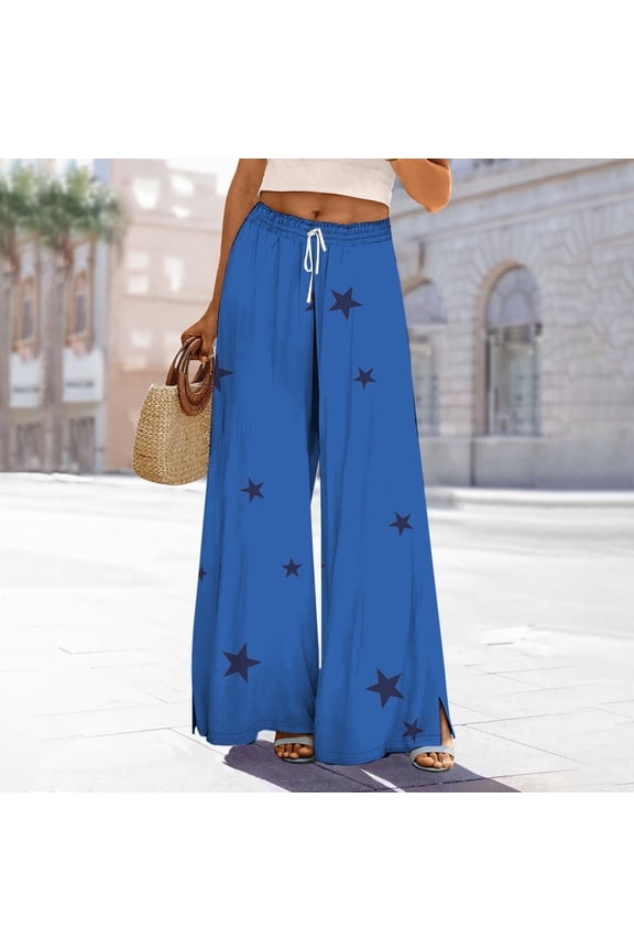 Women's High Waisted Wide Leg Pants with Elastic Rope Waistband, Split Hem Casual Lounge Pants, Breathable Linen Blend Vacation Wear for Summer 2025 Blue L