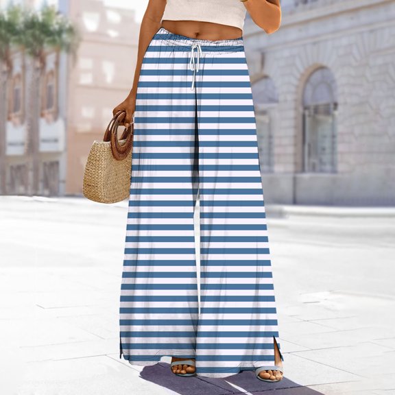 Women's High Waisted Wide Leg Pants with Horizontal Stripes, Elastic Rope Waist Vacation Culottes, Split Hem Breathable Summer Beach Casual Trousers 2025 Blue S