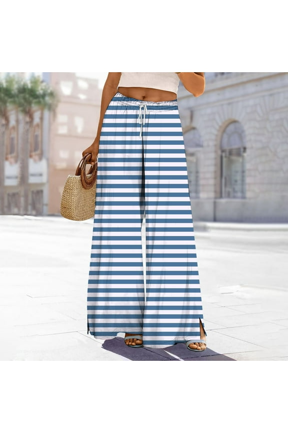 Women's High Waisted Wide Leg Pants with Horizontal Stripes, Elastic Rope Waist Vacation Culottes, Split Hem Breathable Summer Beach Casual Trousers 2025 Blue S
