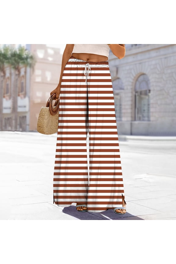 Women's High Waisted Wide Leg Pants with Horizontal Stripes, Elastic Rope Waist Vacation Culottes, Split Hem Breathable Summer Beach Casual Trousers 2025 Brown S