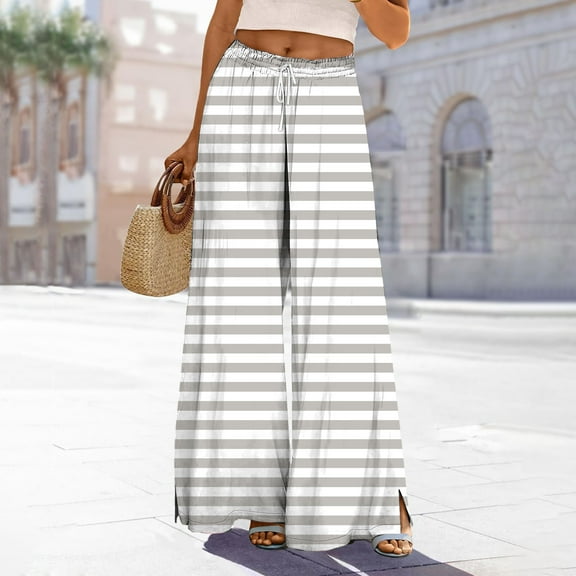 Women's High Waisted Wide Leg Pants with Horizontal Stripes, Elastic Rope Waist Vacation Culottes, Split Hem Breathable Summer Beach Casual Trousers 2025 Grey S