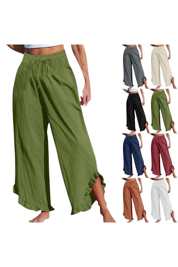 Women's High Waisted Wide Leg Pants Trousers Slacks Bottoms Solid Color Ruffle Trim Elastic Waistband Flowy Stretchy Casual Daily Work Office Lounge Wear Travel Essentials for Women