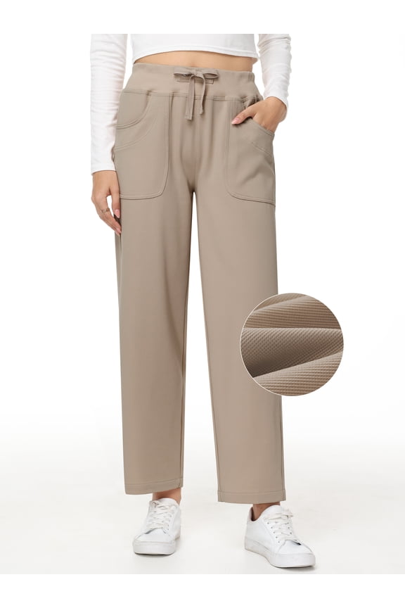 Women's High Waisted Wide Leg Pants with Pockets - Stretchy Casual Pants, Adjustable Drawstring Waist Brown L