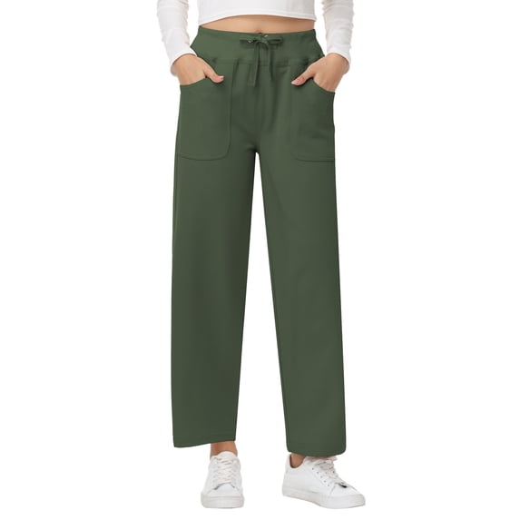 Pdbokew Women's High Waisted Wide Leg Pants Casual Pants with Adjustable Drawstring Waist Green XL