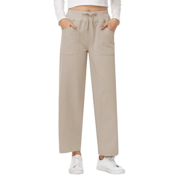 Pdbokew Women's High Waisted Wide Leg Pants Casual Pants with Adjustable Drawstring Waist Khaki M