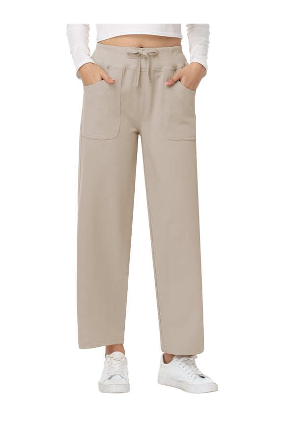 Women's High Waisted Wide Leg Pants Casual Pants with Adjustable Drawstring Waist Khaki M