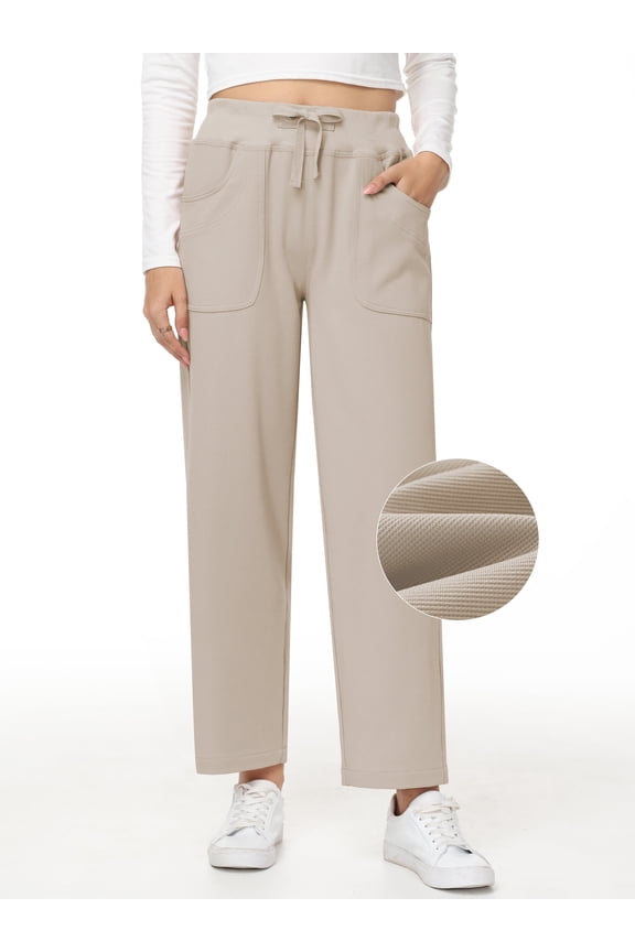 Women's High Waisted Wide Leg Pants with Pockets - Stretchy Casual Pants, Adjustable Drawstring Waist Khaki M