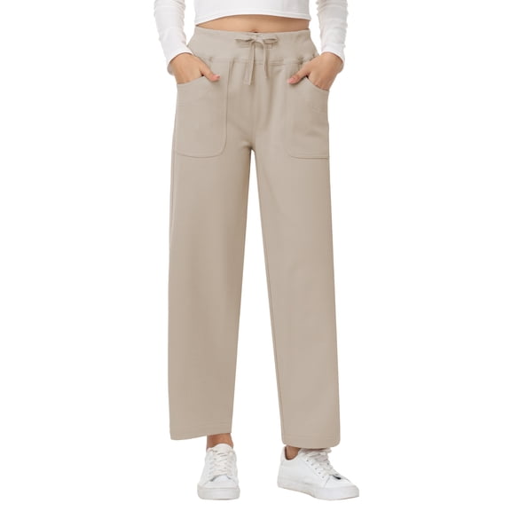Pdbokew Women's High Waisted Wide Leg Pants with Pockets Casual Pants Adjustable Drawstring Waist Casual Pants Khaki M