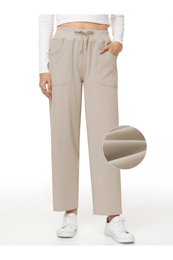 Women's High Waisted Wide Leg Pants with Pockets - Stretchy Casual Pants, Adjustable Drawstring Waist Khaki M