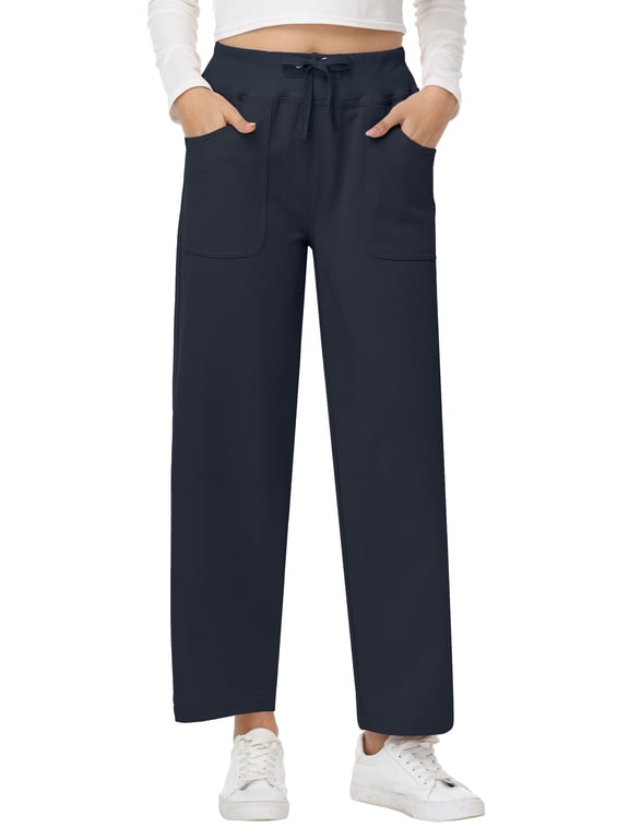 Women's High Waisted Wide Leg Pants Casual Pants with Adjustable Drawstring Waist Navy Blue M