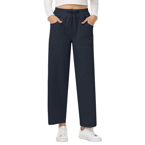 Pdbokew Women's High Waisted Wide Leg Pants Casual Pants with Adjustable Drawstring Waist Navy Blue S