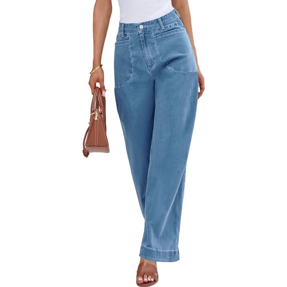 Women High Waisted Wide Leg Pleated Jeans Loose Elastic Denim Pants with Pockets