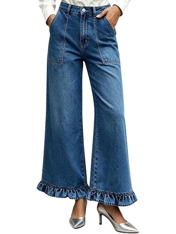 Women's High Waisted Wide Leg Ruffle Hem Jeans with Front Pockets, Baggy Denim Pants for Work and Travel