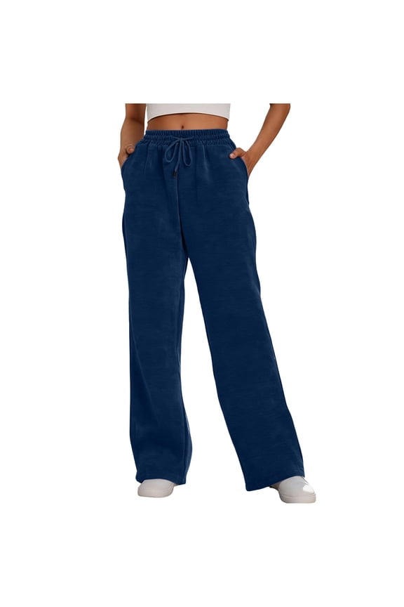 Women's High Waisted Wide Leg Sweatpants 50% Cotton Polyester Baggy Palazzo Pants with Pockets for Travel Work Lounge,Blue,XL