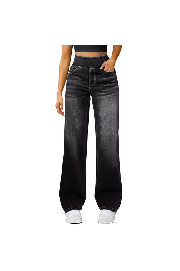 Women's High Waisted Wide Leg Sweatpants That Look Like Jeans, Stretchy Pull On Elastic Waist Straight Leg Pants for Women, Casual Baggy Denim Look Pants Grey XXL