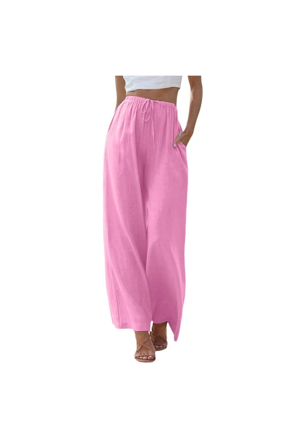 Women's High Waisted Wide Leg Trousers Fashion Drawstring Elastic Waist Comfortable Straight Fit Long Casual Pants with Pockets